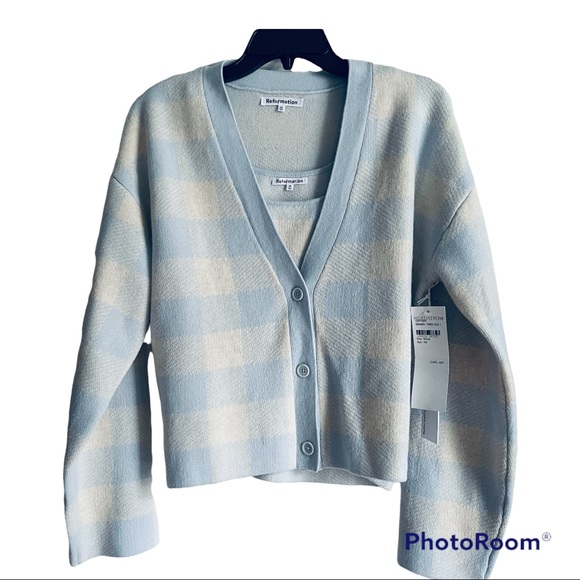 NWT Reformation Fonte Cashmere Cropped Tank and Cardigan Set Powder Blue Plaid - Picture 7 of 11